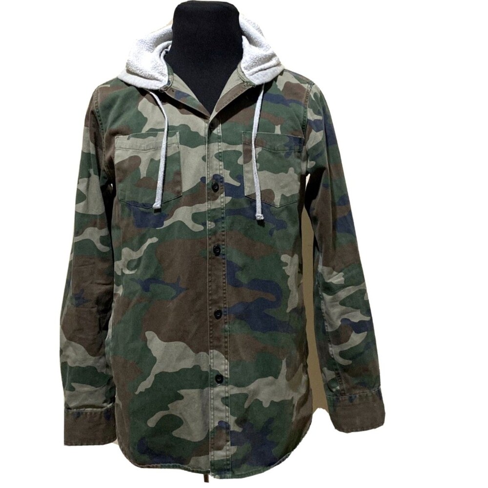 PacSun Hooded Camo Shirt Jacket Mens M Button Front Cotton Military Army Coat